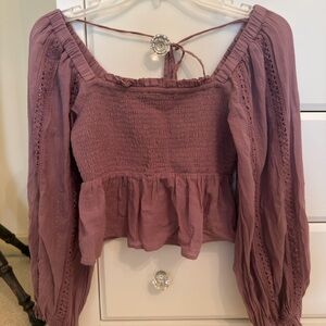 Smocked Peplum Long-Sleeve Top - Mauve